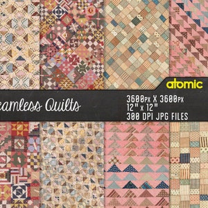 May include: A set of 10 digital seamless quilt patterns in JPG format. Each pattern is 3600 pixels by 3600 pixels and measures 12 inches by 12 inches. The patterns feature a variety of traditional quilt designs in pink, blue, and brown.