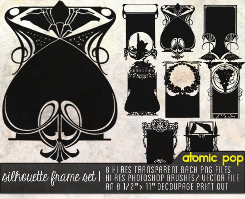 Instant Download // Art Nouveau Silhouette Frames Digital File Photoshop Brushes, Decoupage, and Vector File image 1