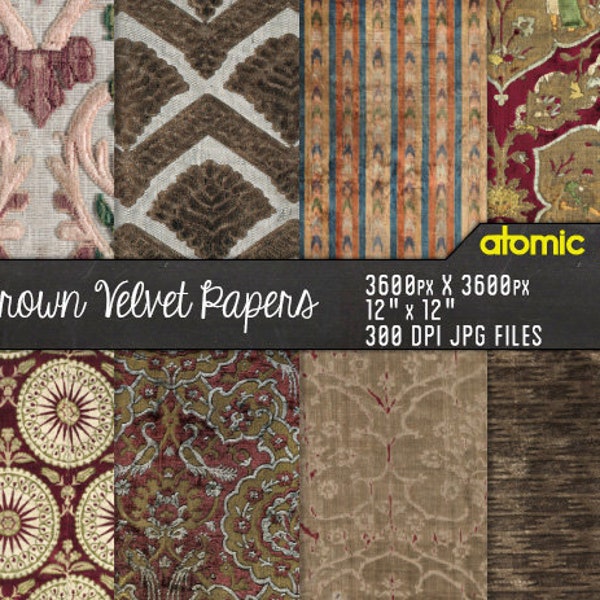 Brown Floral Velvet Brocade Textiles paquete de papel digital // Descarga instantánea // decoupage // scrapbook