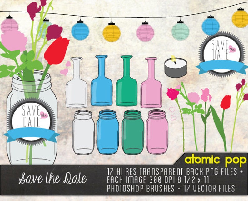 Save the Date Mason Jar and Flowers // Instant Download // Digital File Photoshop Brushes // Vector // Graphic Design image 1