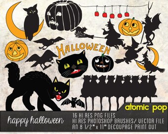 SALE Instant Download // Vintage Halloween Postcard Clipart// Digital Photoshop Brushes // Vector // Orange Black Cats, Witches, Pumpkins