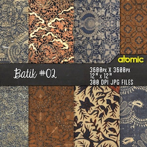 May include: A set of 12 digital paper patterns featuring batik designs in various colors, including brown, blue, and white. The patterns are 3600 pixels by 3600 pixels and 300 DPI.