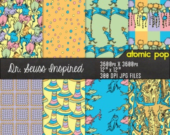 Instant Download // Dr. Seuss Inspired Whimsical Repeating Pastel Pattern Wallpaper Digital Paper Pack // Decoupage // Scrapbooking
