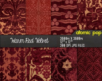 Warm Red Plush Floral Velvet Brocade Textiles digital paper pack // Instant Download // decoupage // scrapbook