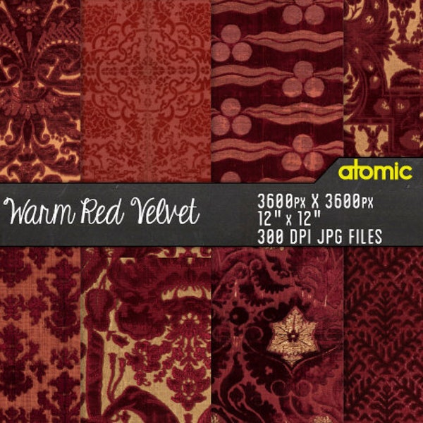 Warm Red Plush Floral Velvet Brocade Textiles digital paper pack // Instant Download // decoupage // scrapbook