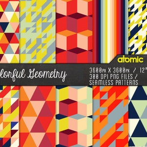 Op de afbeelding: Een set van 12" x 12" naadloze geometrische patronen in rood, geel, blauw en grijs. De patronen zijn 3600 pixels bij 3600 pixels en 300 DPI PNG-bestanden. De tekst "Colorful Geometry" en "atomic pop" staat op de afbeelding.