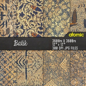 Puede incluir: Un paquete de papel digital con 6 patrones de batik diferentes en azul, marrón y dorado. Los patrones son de 3600 píxeles por 3600 píxeles y de 30,48 cm por 30,48 cm. El tipo de archivo es JPG y la resolución es de 300 DPI.