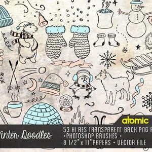 May include: A collection of winter-themed doodles in black and white with light blue and pink accents. The image includes a polar bear, mittens, a snowman, snowflakes, and the text "Winter Doodles".