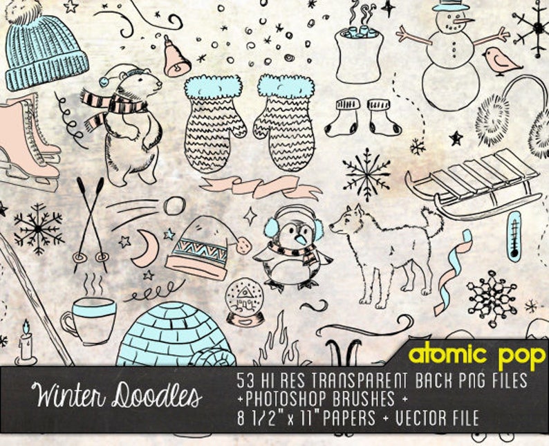 May include: A collection of winter-themed doodles in black and white with light blue and pink accents. The image includes a polar bear, mittens, a snowman, snowflakes, and the text "Winter Doodles".