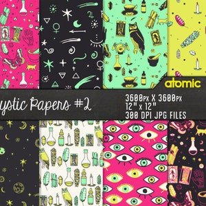 Instant Download // Neon Mystical Hand Drawn Witch Wallpaper Digital Paper Pack // Seamless Tile