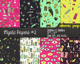 Instant Download // Neon Mystical Hand Drawn Witch Wallpaper Digital Paper Pack // Seamless Tile