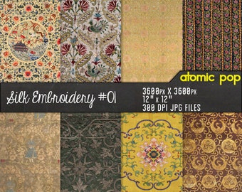 Vintage Silk Embroidery Floral Textile digital paper pack // Instant Download // decoupage // scrapbook