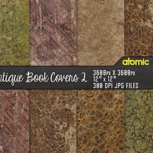 May include: Set of four 12-inch by 12-inch digital paper textures featuring antique book covers with brown, green, and gold marbling patterns.  300 DPI JPG files.  Antique Book Covers 2.