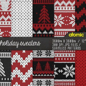 Instant Download // Black Red Knit Sweater Holiday Digital Paper Pack// Seamless Tiles // Christmas snowflakes chevron Digital Scrapboking image 1