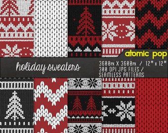 Instant Download // Black + Red Knit Sweater Holiday Digital Paper Pack// Seamless Tiles // Christmas snowflakes chevron Digital Scrapboking