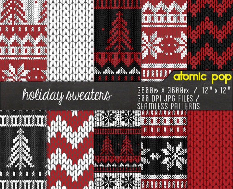 Instant Download // Black Red Knit Sweater Holiday Digital Paper Pack// Seamless Tiles // Christmas snowflakes chevron Digital Scrapboking image 1