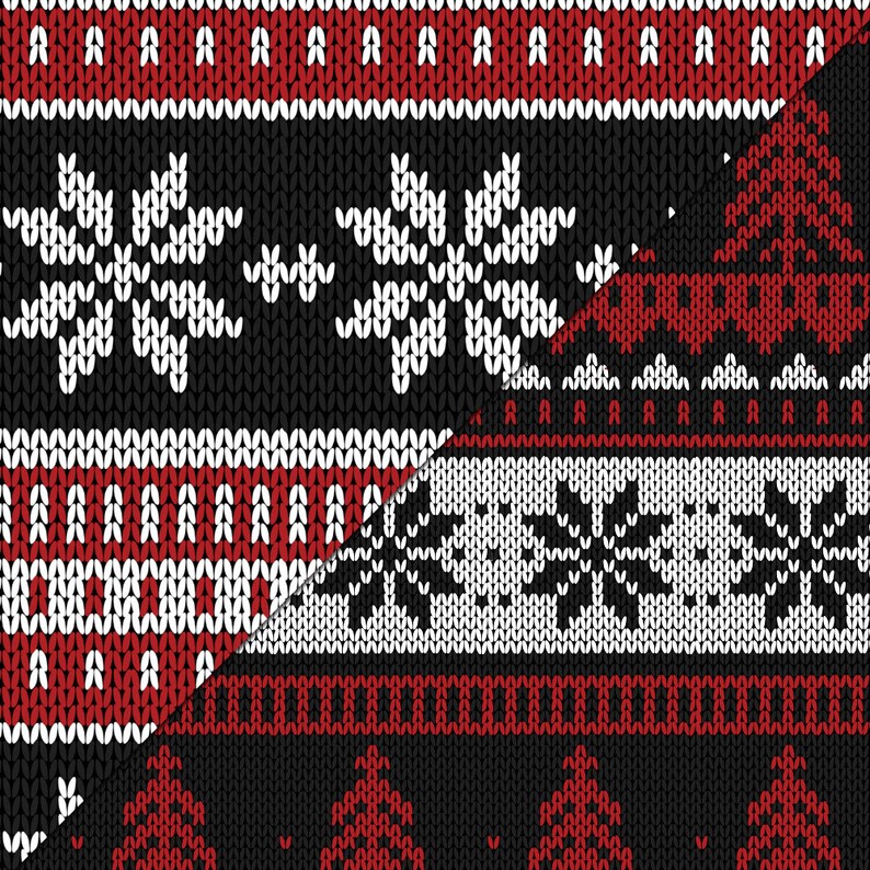 Instant Download // Black Red Knit Sweater Holiday Digital Paper Pack// Seamless Tiles // Christmas snowflakes chevron Digital Scrapboking image 2