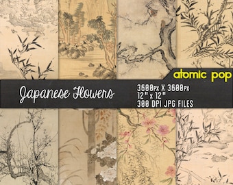 Vintage Asian Flower Ink Ukiyo-e digital paper pack // Instant Download // decoupage // scrapbook