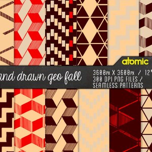Op de afbeelding: Een set van 12 digitale naadloze patronen met geometrische ontwerpen in rood, bruin en beige. De patronen zijn 3600 pixels bij 3600 pixels en zijn 300 DPI PNG-bestanden. De tekst "hand drawn geo fall" en "atomic pop" is opgenomen in de afbeelding.