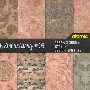 May include: A digital collage of 12-inch square patterned fabric designs. The patterns are inspired by silk embroidery and feature intricate floral, geometric, and abstract motifs in shades of pink, brown, and beige. The text "Silk Embroidery #03" and "3600px x 3600px 12" x 12" 300 DPI JPG FILES" is displayed on a black background.