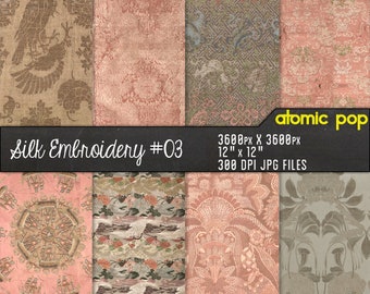Vintage Silk Embroidery Pink Silver Floral Textile digital paper pack // Instant Download // decoupage // scrapbook