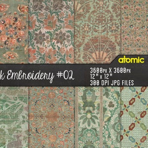 Pode incluir: Um conjunto de seis padrões de papel digital com intrincados desenhos de bordado floral em tons de verde, marrom e creme. Os padrões são de 3600 pixels por 3600 pixels e 300 DPI.