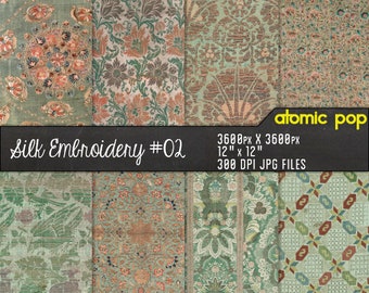 Vintage Silk Embroidery Pink Green Floral Textile digital paper pack // Instant Download // decoupage // scrapbook
