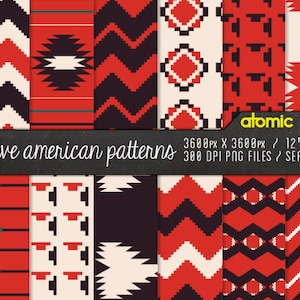 Puede incluir: Una colección de patrones nativos americanos sin costuras en rojo, negro y crema. Los patrones incluyen formas geométricas, zigzags y diseños de flechas. La imagen también incluye el texto "native american patterns" y "atomic pop".