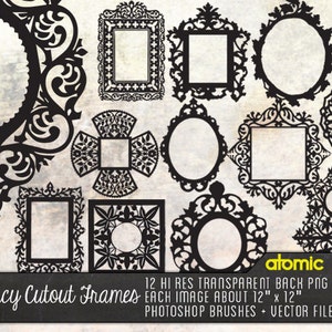 May include: A collection of black, ornate cutout frames in various shapes, including oval, square, and circular designs. The image includes the text "Fancy Cutout Frames" and "atomic pop". Each image is about 12" x 12".
