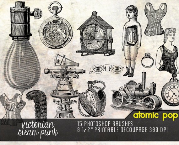 Victorien Steam Punk Dessins Au Trait Découpage Numérique Imprimé Et Clipart Brosses Photoshop