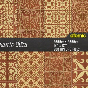 Könnte beinhalten: Satz mit 6 digitalen Papiermustern mit braunen und gelben Fliesenmustern. Die Fliesen zeigen geometrische Muster mit Fleur-de-lis, Vögeln und anderen dekorativen Elementen. Die digitalen Papiere sind 3600 Pixel mal 3600 Pixel, 30,5 cm mal 30,5 cm und 300 DPI JPG-Dateien.