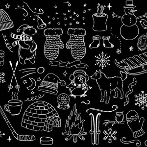May include: A black and white illustration featuring winter-themed doodles. Includes a knit hat, ice skates, a bear, mittens, a snowman, snowflakes, a sled, a penguin, a dog, a hockey stick, a cup of hot beverage, an igloo, and a campfire.