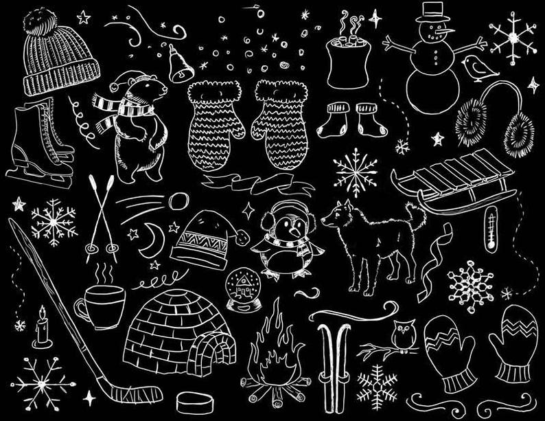May include: A black and white illustration featuring winter-themed doodles. Includes a knit hat, ice skates, a bear, mittens, a snowman, snowflakes, a sled, a penguin, a dog, a hockey stick, a cup of hot beverage, an igloo, and a campfire.