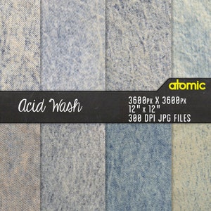 Może przedstawiać: Cztery bezszwowe cyfrowe tekstury papieru z denimu w kolorze acid wash w odcieniach niebieskiego i białego. Każda tekstura ma 3600 pikseli na 3600 pikseli, 30,5 cm na 30,5 cm i 300 DPI. Cyfrowe papiery są w formacie JPG.