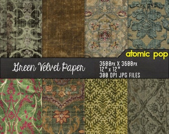 Antique Earthtone Green Brown Floral Velvet Brocade Textiles digital paper pack // Instant Download // decoupage // scrapbook