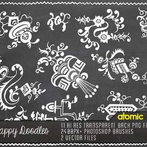 May include: A set of 11 high-resolution, transparent PNG files featuring white doodle designs on a black background. The doodles are whimsical and intricate, with a variety of shapes and patterns. The text "Happy Doodles" and "atomic pop" are also included in the image.