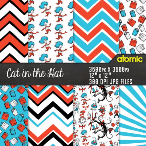Instant Download // Dr. Seuss geïnspireerde kat in de hoed rood blauw behang digitaal papier pack //