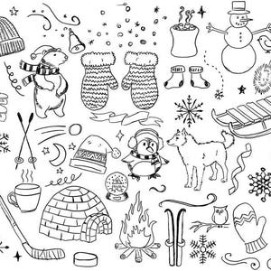 May include: Black and white winter-themed doodle art featuring a variety of illustrations. Includes a polar bear, penguin, snowman, mittens, ice skates, snowflakes, and a hockey stick. The artwork evokes a cozy, cold-weather atmosphere.