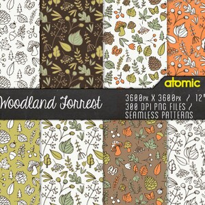 May include: A set of 6 digital seamless patterns featuring woodland forest elements in various colours, including brown, green, white, and orange. The patterns include mushrooms, leaves, pine cones, and other forest details. The patterns are 3600 pixels by 3600 pixels and are 12 inches by 12 inches. The patterns are 300 DPI PNG files.