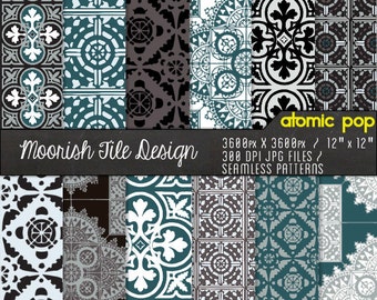 Teal Moorish Ethnic Mosaic Tile Digital Paper Pack// Instant Download Seamless Tile Patterns // Digital Scrapboking