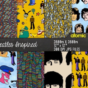 Download instantâneo // Papel de parede de submarino amarelo psicodélico inspirado nos Beatles, pacote de papel digital desenhado à mão //