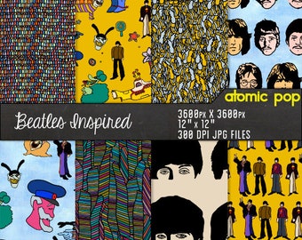 Instant Download // Beatles Inspired Psychedelic Yellow Submarine Wallpaper Hand Drawn Digital Paper Pack //