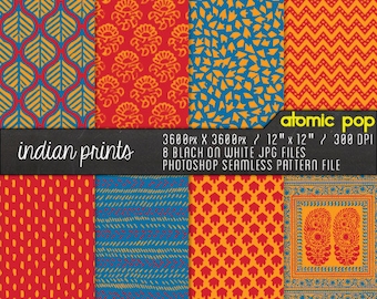 Instant Download // Colorful Indian Fabric Patterns Digital Paper Pack// Seamless Photoshop
