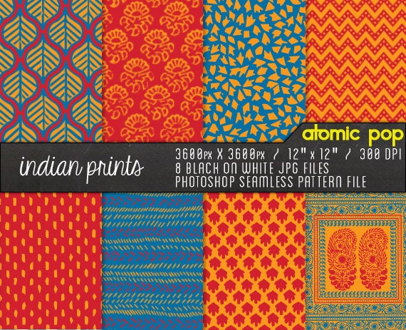 Instant Download // Colorful Indian Fabric Patterns Digital Paper Pack//  Seamless Photoshop