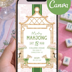 May include: A smartphone displays a Mahjong invitation with a gold bamboo frame, cheetahs, and the text "Let's Play Mahjong." The design includes the date, time, and RSVP information. The invitation is editable in Canva.