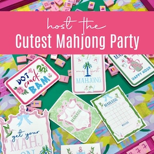 May include: A collection of Mahjong party supplies, including invitation cards, scorecards, and tiles. The cards feature floral and palm tree designs with text like "Host the Cutest Mahjong Party" and "Let's Mahjong". The color scheme includes pink, green, and blue.