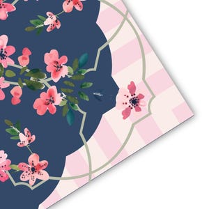 May include: Watercolor floral design featuring pink blossoms and green leaves on a navy blue background. The design includes a pink and white striped border with a light green geometric outline. The overall aesthetic is delicate and feminine.