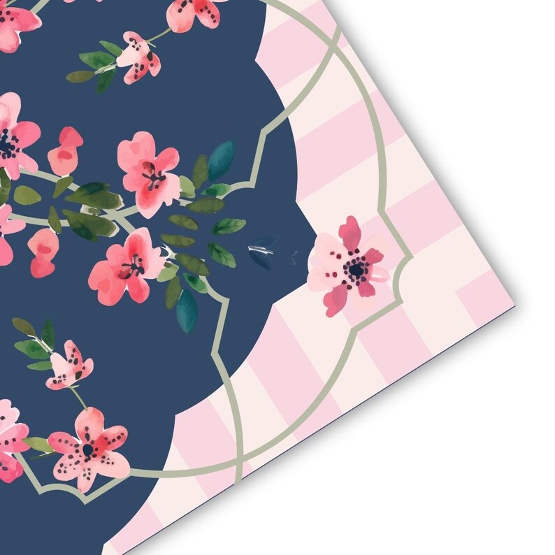 May include: Watercolor floral design featuring pink blossoms and green leaves on a navy blue background. The design includes a pink and white striped border with a light green geometric outline. The overall aesthetic is delicate and feminine.