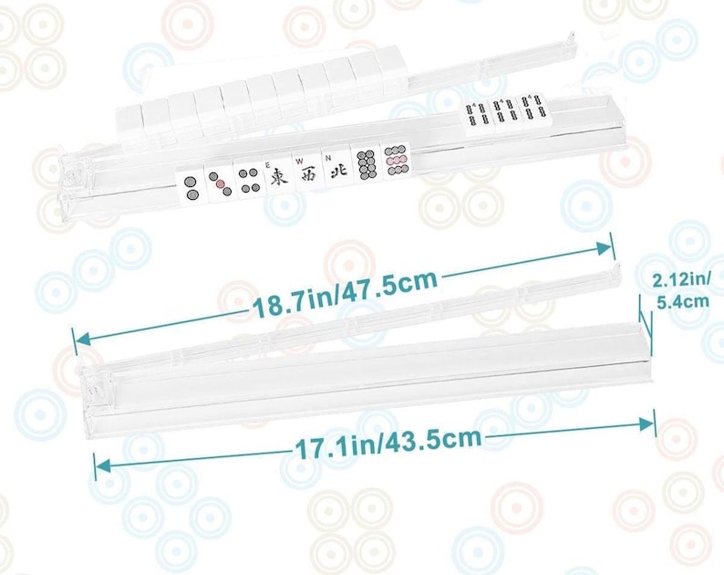 May include: Clear plastic Mahjong tile holders, with dimensions of 18.7 inches/47.5cm long, 17.1 inches/43.5cm wide, and 2.12 inches/5.4cm high. The holders are designed to organize Mahjong tiles, with visible tiles and Chinese characters.
