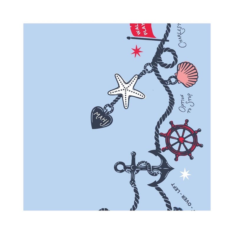 May include: A light blue fabric featuring a nautical print with dark blue ropes, a white starfish, a pink seashell, a red ship wheel, a dark blue anchor, and a heart charm labelled "MAHJ". Text includes "WALK PLAY", "CHARLESTON", "OPTION TO STOP", and "OVER - LEFT".